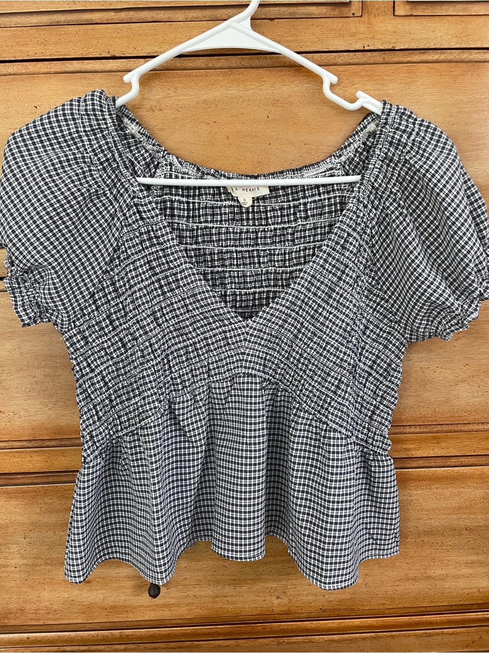 PacSun La Hearts Black & White Gingham Smocked Peplum Top, Size Small